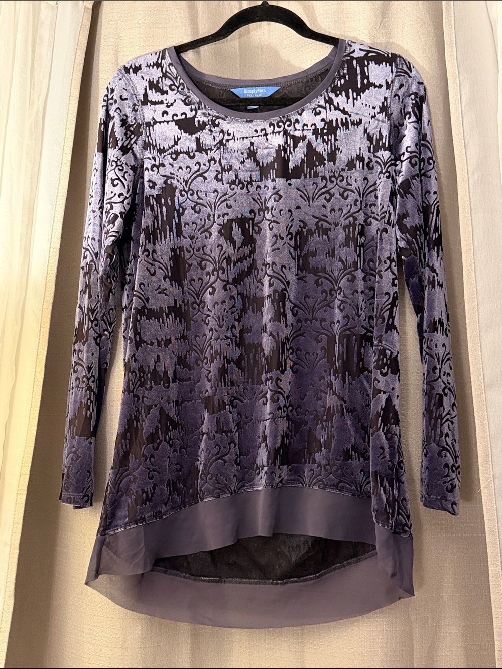 Simply Vera Vera Wang Lavender Purple Velvet Patterned Long Sleeve Tunic